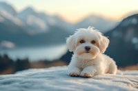 Adorable white Maltese puppy lying on blanket against mountain landscape at sunset, soft focus portrait with warm lighting and dreamy atmosphere.