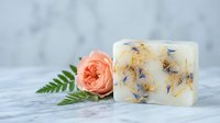 Handmade soap bar with dried flowers and herbs next to fresh peach rose on marble surface for natural skincare and wellness product marketing.