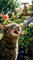 Tabby cat drinking water from vintage brass garden tap with blooming flowers and water droplets in background, perfect for pet, gardening and lifestyle content.