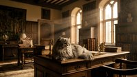 Fluffy gray cat resting on a wooden desk in a sunlit vintage library with books, warm golden light streaming through tall windows.