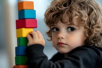 Curly-haired child stacking colorful wooden blocks during early development play. Close-up portrait showing concentration and learning through educational toys.