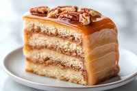 Layered caramel cake slice with pecan nuts on white plate, soft sponge layers covered in smooth caramel sauce, close up view of dessert texture and details.