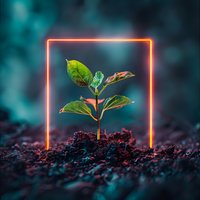 Young green plant seedling growing through soil surrounded by glowing neon orange square frame against dark turquoise background, representing growth and innovation.