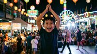 Young Asian boy celebrating with raised arms at vibrant night market with colorful lanterns and carnival rides creating festive atmosphere for family entertainment.