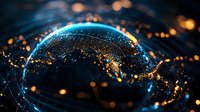 Global network visualization with glowing blue connections and orange light particles floating over dark background showing worldwide digital communications.