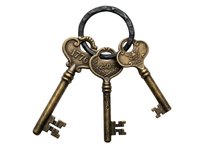 Vintage brass skeleton keys with ornate handles and black metal ring on white background, isolated for design use on merchandise, invitations, and decorative projects.