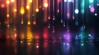 Glowing water drops falling against colorful bokeh lights background creating magical atmosphere with city silhouette reflection on wet surface at night.