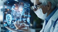 Senior doctor with mask examining digital brain scan hologram in modern medical facility, showcasing advanced neural technology for diagnosis and treatment.