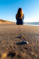 Young woman in blue dress sitting alone on sandy beach at sunset, with close-up focus on sand grains and pebbles in foreground, creating depth and contemplative mood.