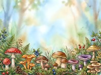 Watercolor illustration of forest floor with various mushrooms, toadstools, ferns, berries, and woodland plants arranged in natural setting. Suitable for children's books, educational materials, nature designs.