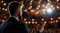 Young businessman giving presentation to large audience with warm stage lighting and bokeh background for corporate events and public speaking.