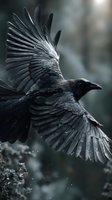 Majestic black raven in flight with wings spread against moody forest background, showcasing detailed feather texture in dramatic lighting.