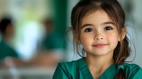 Young Asian girl in green dress smiling warmly at camera with natural soft lighting and blurred background, capturing genuine childhood happiness and innocence.