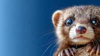 Close-up portrait of curious ferret with bright blue eyes and pink nose against dark blue background, showing detailed fur texture and whiskers.