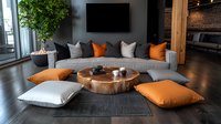 Modern living room interior with curved sectional sofa, floor cushions in orange and gray, natural wood slice coffee table, indoor plant and dark accent wall.