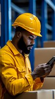 African American warehouse worker in yellow hard hat using smartphone for inventory management in industrial storage facility.