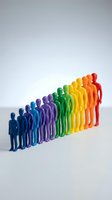 Colorful rainbow human figures standing in row representing diversity, inclusion, equality and unity concepts isolated on white background.