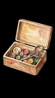 Watercolor vintage sewing box with colorful buttons and scissors, isolated on transparent background. Great for stickers, t-shirt design, print on demand, and clipart.