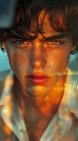 Close-up portrait with dramatic golden hour lighting and sun flares creating ethereal atmosphere, freckled skin glowing in warm sunlight against turquoise background.