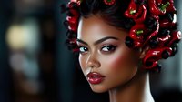 Young African American woman with red cherry headpiece, dramatic makeup, burgundy lips and glowing skin against dark background. Fashion portrait for beauty concepts.