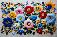 Colorful embroidered floral arrangement with sunflowers, daisies, and wildflowers on natural linen fabric. Vibrant textile art showcasing traditional needlework techniques.