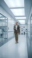 Mature woman in business attire walking through modern laboratory corridor with skylight panels, holding tablet. Colleagues work in background. Corporate healthcare, medical research, and innovation concept.