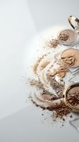 Broken face powder compacts with scattered makeup dust creating artistic swirls on white background for beauty and cosmetics advertising campaigns.