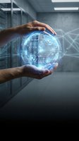 Hands holding glowing digital globe with circuit board patterns in modern server room, representing global technology, data networks, and digital innovation for business solutions.