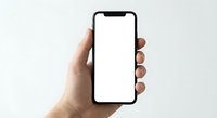 Hand holding modern smartphone with blank white screen mockup isolated on white background for app presentation and mobile interface design.