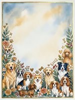 Watercolor dog breeds border frame with floral elements and copy space for pet-related designs, greeting cards, and animal lover projects.