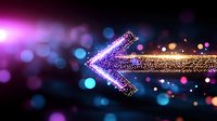 Glowing purple and gold arrow made of sparkling particles pointing left against dark background with colorful bokeh lights, suitable for technology concepts.