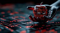 Glowing red circuit board shaped like apple held in black gloved hand over dark keyboard, representing cyber security and digital technology threats.