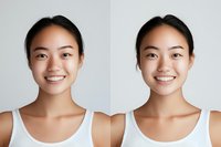 Young Asian woman wearing white tank top showing natural radiant smile in before and after comparison shot against light gray background. Genuine expression of joy and confidence.