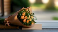 Elegant bouquet of peach roses wrapped in brown kraft paper with satin ribbon, lying on wooden surface against soft blurred background. Perfect for romantic occasions.