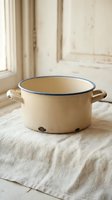 Vintage cream enamel pot with blue rim on linen cloth in rustic kitchen setting for cooking and home decor.