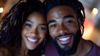 Young African American couple sharing intimate moment with bright genuine smiles, close-up portrait with soft bokeh lighting background creating romantic atmosphere.