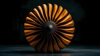 Jet engine turbine fan with golden metallic blades on dark dramatic background, showcasing aerospace engineering and industrial design.