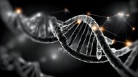 Glowing DNA strand structure on dark background with orange light effects and connecting dots representing genetic research and biotechnology advancement.