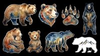 Grizzly bear, brown bear, and black bear illustrations isolated on transparent background, ready for t-shirt design, clipart, stickers, sublimation, and print-on-demand products.