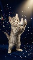 Young tabby kitten with raised paws catching colorful confetti and glitter particles against dark background with warm spotlight, celebrating festive occasion.