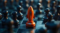 Orange rocket-shaped chess piece stands out among black pawns on chessboard, symbolizing innovation, leadership and strategic breakthrough in business concept.