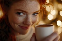 Young redhead woman with freckles enjoying warm coffee cup with golden bokeh lights creating cozy atmosphere for lifestyle and wellness content.