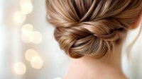 Elegant twisted low bun hairstyle with soft honey blonde highlights shown from behind against blurred bokeh background, perfect for wedding and special occasion styling.