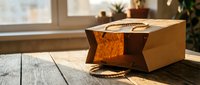 Open cardboard delivery box with orange bubble wrap padding on wooden table in bright sunlit room for shipping and packaging concepts.
