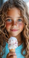 Young girl with curly hair, bright blue eyes and freckles smiling while holding vanilla ice cream cone with sprinkles. Natural summer portrait in soft light.
