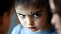Emotional portrait of angry young girl with intense blue eyes and furrowed brow showing frustration and defiance in close-up view against blurred background.