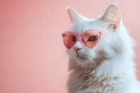 Stylish white fluffy cat wearing trendy pink sunglasses against soft pink background for fashion and lifestyle content.