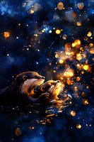 Two playful otters swimming at night surrounded by magical glowing orbs and sparkles against dark blue water, creating an enchanting nature scene.