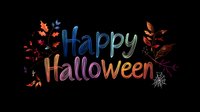Colorful Happy Halloween text with autumn leaves and spider web on black background for seasonal greeting cards and party decorations.