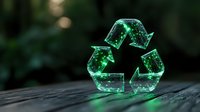 Glowing green recycling symbol on dark wooden surface with bokeh background creates environmental awareness concept for sustainability initiatives.